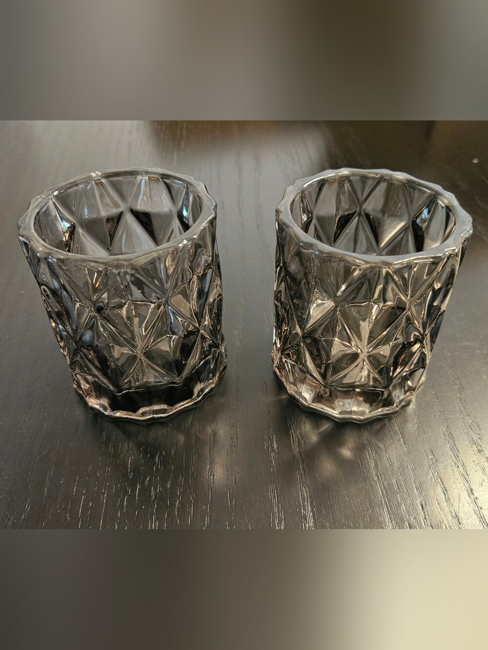 CB2 Faceted Smoked Gray Glass Votive Holders - Set of 12